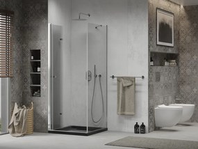 Mexen Lima, sprchový kút so skladacími dverami 80 (dvere) x 80 (stena) cm, 6mm číre sklo, chrómový profil + slim sprchová vanička čierna + chrómový sifón, 856-080-080-01-00-4070