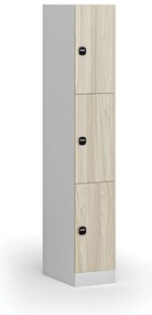 Šatníková skrinka S1 s úložnými boxmi, 3 boxy, 1850 x 300 x 500 mm, zámok s čítačkou RFID kariet, laminované dvere, dub prírodný