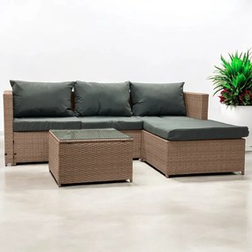 Svetlohnedá ratanová súprava so stolíkom a sivými vankúšmi