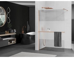 Mexen Kioto+, sprchová zástena Walk-In s poličkou a vešiakom 120 x 200 cm, 8mm číre sklo-námraza, medený matný profil, 800-120-121-65-35