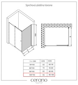 Cerano Varone, sprchovací kút s posuvnými dverami 140 (dvere) x 100 (stena) x 195 cm, 6mm šedé sklo, čierny profil, CER-CER-429715