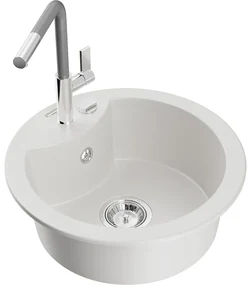 Mexen Diego, 1-komorový granitový drez 488x488x167 mm a drezová batéria Flora, biela, 6512-20-670401-06