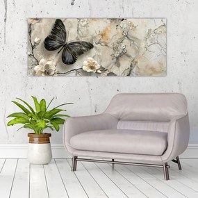 Obraz - Mramorové pozadie s motýľmi (120x50 cm)