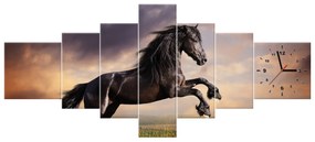 Gario Obraz s hodinami Silný čierny kôň - 7 dielny Rozmery: 160 x 70 cm