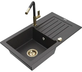Mexen Pablo, 1-komorový granitový drez 752x436x161 mm a drezová batéria Flora, čierna škvrnitá, 6510-76-670401-57-G
