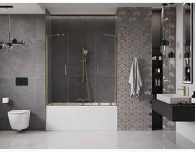 Mexen Velar Duo, 2-krídlová posuvná vaňová zástena 140 x 150 cm, 8mm číre sklo, zlatý lesklý profil, 896-140-000-02-50
