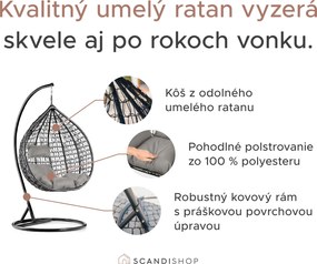 Čierne závesné kreslo KOKON so stojanom, sivý vankúš
