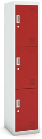 Šatníková skrinka S3 s úložnými boxami, 3 boxy, 1800 x 380 x 450 mm, demont, cylindrický zámok, sivá/červená