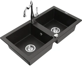 Mexen Mario, granitový drez 820x436x161 mm, 2-komorový a drezová batéria Carla, čierna-zlatá metalíza, 6504-75-670700-00
