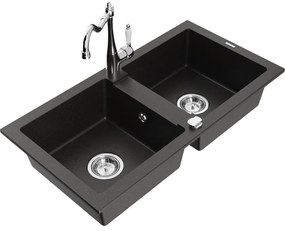Mexen Mario, granitový drez 820x436x161 mm, 2-komorový a drezová batéria Carla, čierna-zlatá metalíza, 6504-75-670700-00