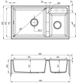 Deante Eridan, granitový drez na dosku 880x500x200 mm, 3,5" + priestorovo úsporný sifón, 2-komorový, šedá, DEA-ZQE_S20B