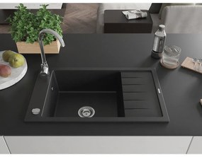 Mexen Elias, granitový drez granitový 795x480x200 mm, 1-komorový, čierna s chrómovým sifónom, 6511791005-77
