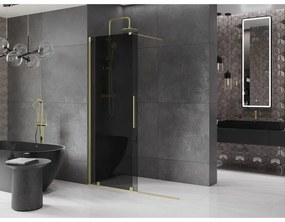 Mexen Velar, sprchová zástena s posuvnými dverami Walk-in 140 x 200 cm, 8mm šedé sklo, zlatá matná, 871-140-000-43-55