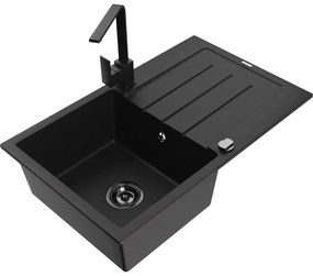 Mexen Bruno, drez granitový 795x495x200 mm, 1-komorový, čierna s čiernym sifónom a čierna drezová batéria Rita, 6513-77-670300-70-B