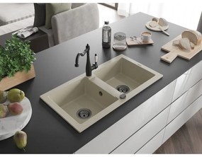 Mexen Mario, granitový drez 820x436x161 mm, 2-komorový a drezová batéria Carla, béžová, 6504-69-670700-70