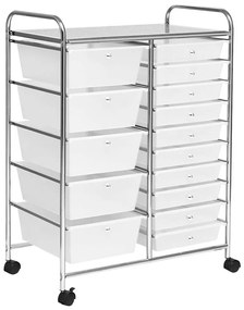 Mobilný úložný vozík s 15 zásuvkami, rôzne farby, biely