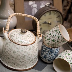 Porcelánová kanvička so sitkom a zelenými kvetmi - 18*14*12 cm / 700 ml