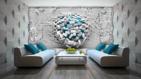 Fototapeta - 3D modrá lopta a biela tehlová stena (152,5x104 cm)