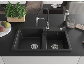 Mexen Tomas, 2-komorový granitový drez 800x500x190 mm a drezová batéria Aster, čierna, 6516-77-73450-07