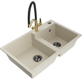 Mexen Tomas, 2-komorový granitový drez 800x500x190 mm a kuchynská batéria Duo, béžová, 6516-69-671701-57-B