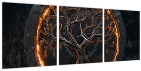 Obraz – Strom života v láve I. (s hodinami) (90x30 cm)