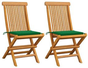 Záhradné stoličky, zelené podložky 2 ks, tíkový masív