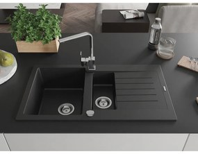 Mexen Matias, granitový drez 900x505x200 mm, 1,5-komorový a chrómová batéria Rita, čierna, 6502-77-670300-00