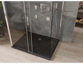 Mexen Omega, 3-stenový sprchovací kút s posuvnými dverami 120 (dvere) x 100 (stena) x 190 cm, 8mm číre sklo, chrómový profil + čierna sprchová vanička SLIM, 825-120-100-01-00-3S-4070
