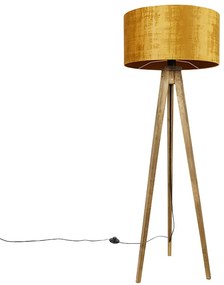 Rustikálny trojnohý vintage drevený so zlatým tienidlom 50 cm - Tripod Classic