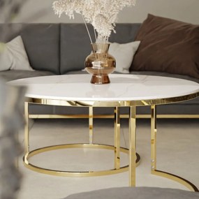 EXKLUZÍVNY KONFERENČNÝ STOLÍK SALEEM 2 v 1 BIELY MRAMOR + ZLATÝ PODSTAVEC