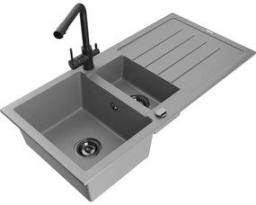Mexen Andres, granitový drez 1000x500x200 mm, 1,5-komorový + čierna batéria Duero, šedá, 6515-71-671600-70-B