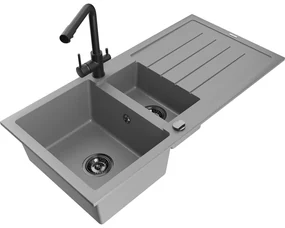 Mexen Andres, granitový drez 1000x500x200 mm, 1,5-komorový + čierna batéria Duero, šedá, 6515-71-671600-70-B