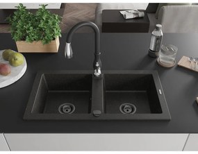 Mexen Mario, 2-komorový granitový drez 820x436x161 mm a drezová batéria Savita, čierna-zlatá metalíza, 6504-75-672601-70-B