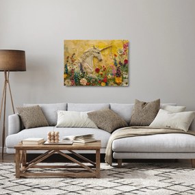Sklenený obraz - Jednorožec s kvetinami (70x50 cm)