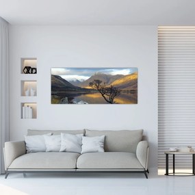 Obraz - Hory pri jazere (120x50 cm)