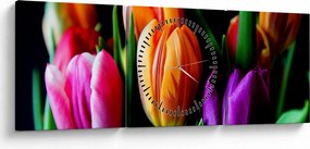 Obraz tulipánov na čiernom pozadí (s hodinami) (90x30 cm)