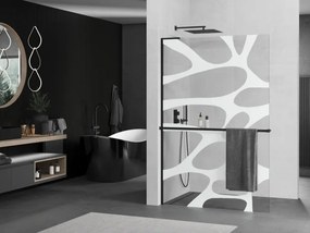 Mexen Kioto+ L, sprchová zástena Walk-In s poličkou a vešiakom 80 x 200 cm, 8mm číre sklo biely vzor, čierny profil, 800-080-123-70-97