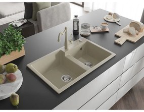 Mexen Tomas, granitový drez 800x500x190 mm, 2-komorový a drezová batéria Carla, béžová, 6516-69-670700-69