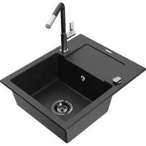 Mexen Enzo, 1-komorový granitový drez 576x465x174 mm a drezová batéria Flora, čierna-zlatá metalíza, 6506-75-670401-07-B