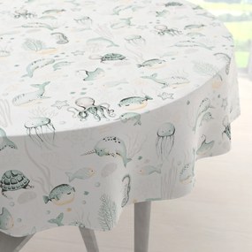 Biante Detský bavlnený okrúhly obrus Sandra SA-688 Morský svet zelený na bielom Ø 130 cm