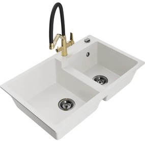 Mexen Tomas, 2-komorový granitový drez 800x500x190 mm a kuchynská batéria Duo, biela, 6516-20-671701-57-B