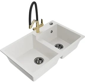 Mexen Tomas, 2-komorový granitový drez 800x500x190 mm a kuchynská batéria Duo, biela, 6516-20-671701-57-B
