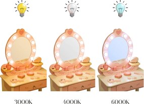 Veľká drevená toaletka ELLY pre deti s LED svetlom a taburetkou ružová