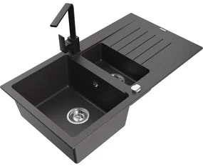 Mexen Matias, granitový drez 900x505x200 mm, 1,5-komorový a čierna batéria Rita, čierna škvrnitá, 6502-76-670300-70