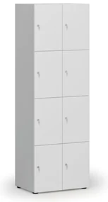 Drevená šatníková skrinka s úložnými boxmi, 8 boxov, cylindrický zámok, sivá/biela