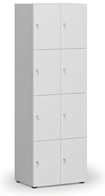 Drevená šatníková skrinka s úložnými boxmi, 8 boxov, cylindrický zámok, sivá/biela