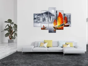 Obraz - Victoria Harbor, Hong Kong, čiernobiela olejomaľba (150x105 cm)