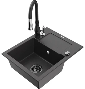 Mexen Enzo, 1-komorový granitový drez 576x465x174 mm a drezová batéria Savita, čierna škvrtnitá, 6506-76-672601-70-B