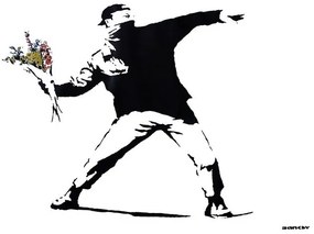 Plagát, Obraz - Banksy street art - graffiti throwing flowers, (59 x 42 cm)