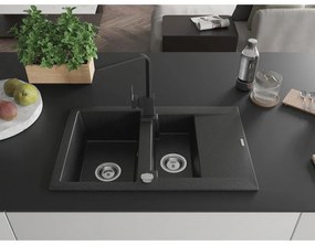 Mexen Gaspar, granitový drez 737x475x177 mm, 1,5-komorový a čierna batéria Rita, čierna-strieborná metalíza, 6507-73-670300-70
